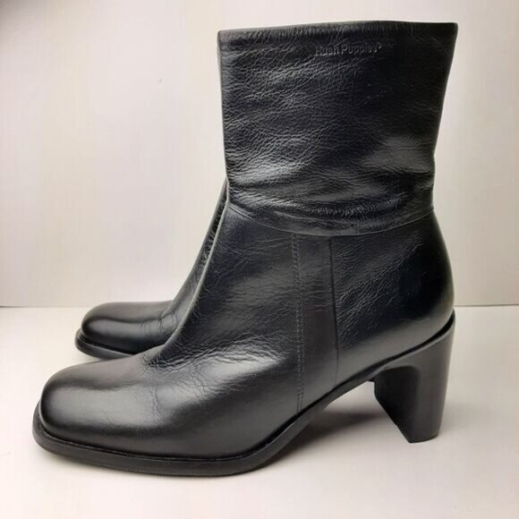 HUSH PUPPIES Waterproof Genuine Leather Square Toe Ankle Bootie Black Sz 5.5 M - Picture 7 of 14